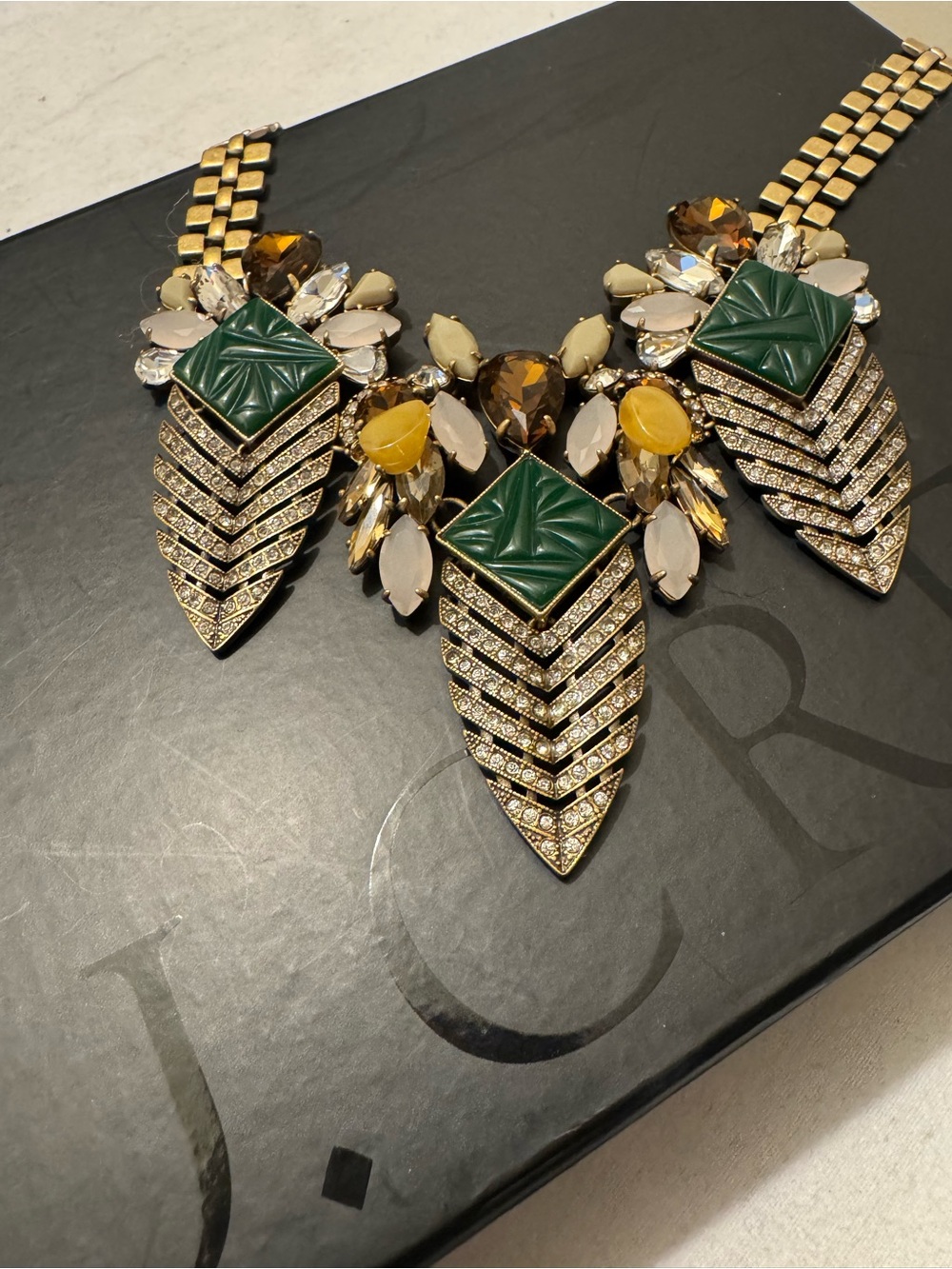 NWT J.Crew Art Deco Mixed Resin Rhinestone Statement Necklace Gift Set Box Pouch
